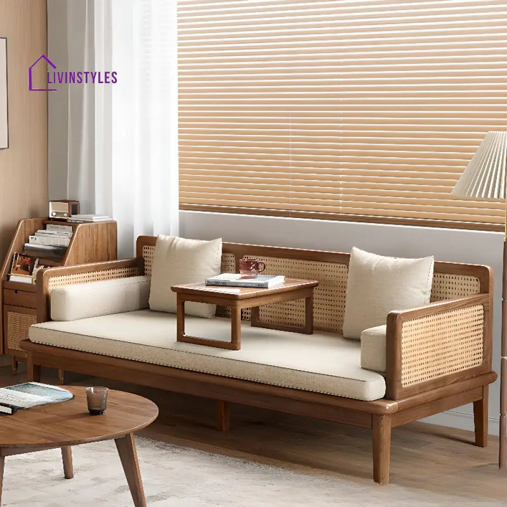 Sergey Solid Wood and Cane Weaving Sofa Come Bed