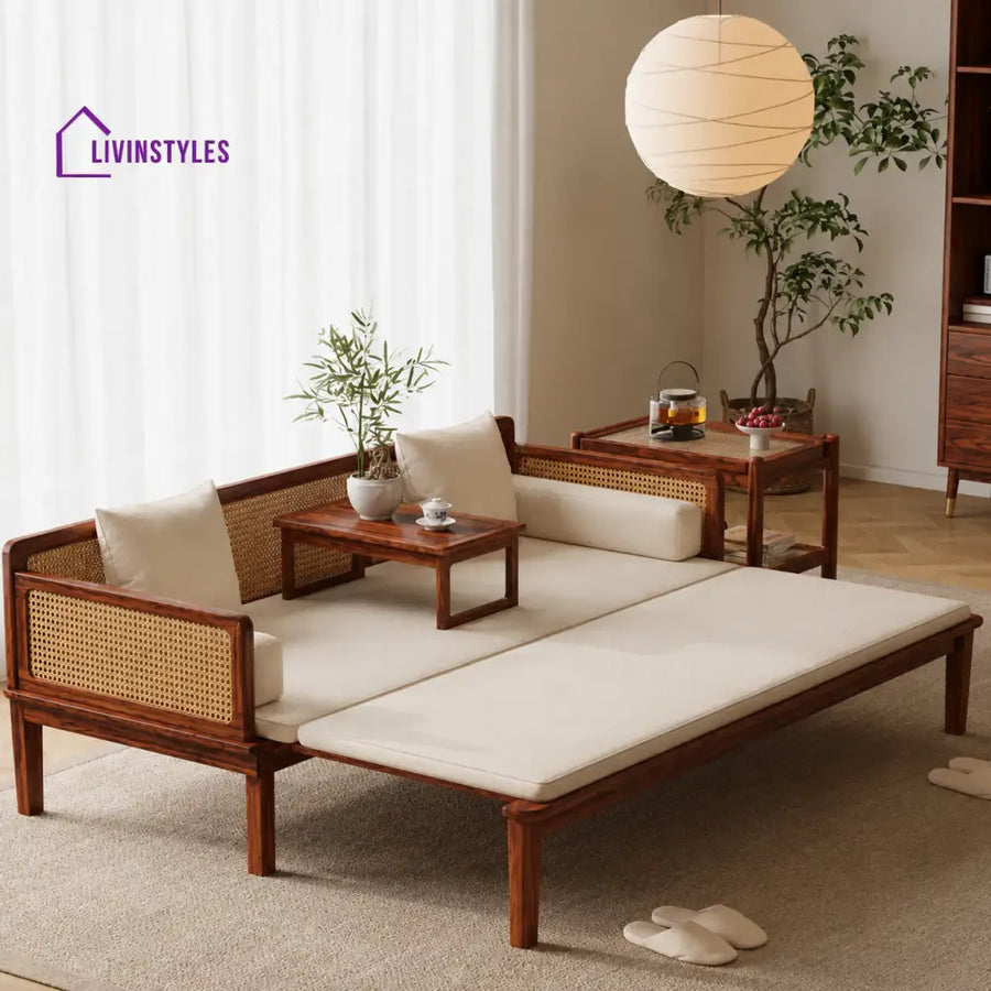Sergey Solid Wood and Cane Weaving Sofa Come Bed
