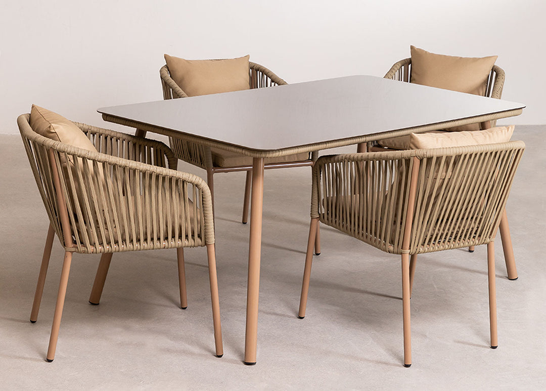 Faustino Outdoor Patio Dining Seating Set 4 Chairs and 1 Table Set Braided & Rope