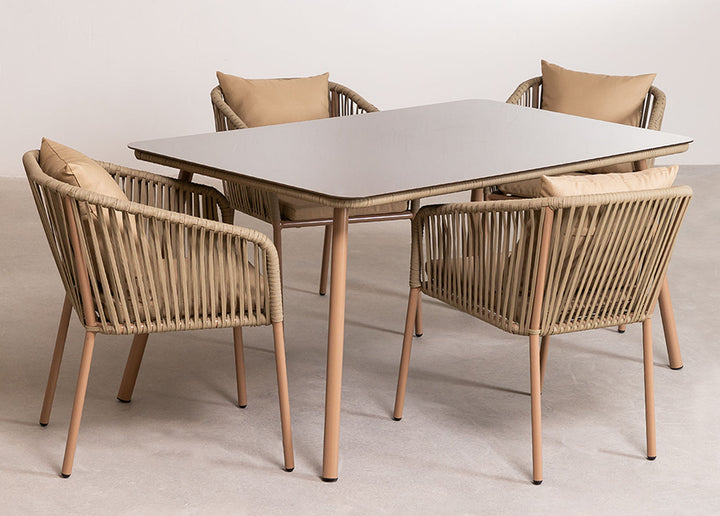 Faustino Outdoor Patio Dining Seating Set 4 Chairs and 1 Table Set Braided & Rope