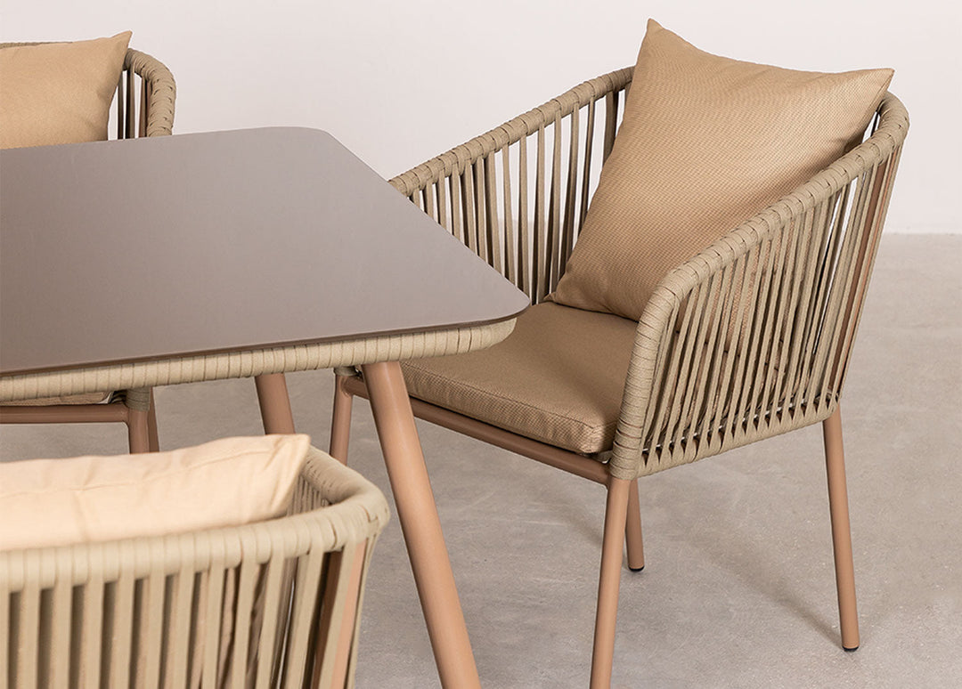 Faustino Outdoor Patio Dining Seating Set 4 Chairs and 1 Table Set Braided & Rope