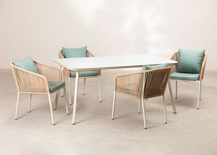 Faustino Outdoor Patio Dining Seating Set 4 Chairs and 1 Table Set Braided & Rope