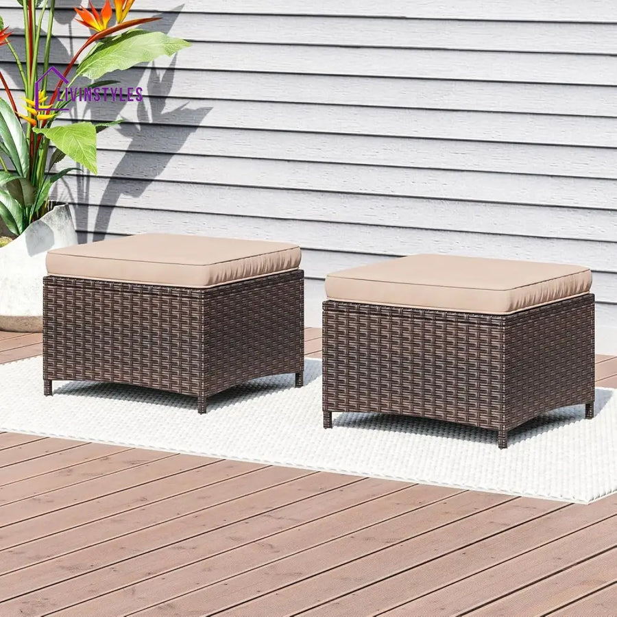 Set of 2 Outdoor Rattan Wicker Ottomans - Footrest