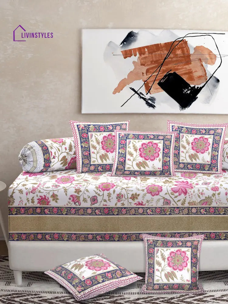 Set Of 8 White And Pink Floral Print Cotton Diwan