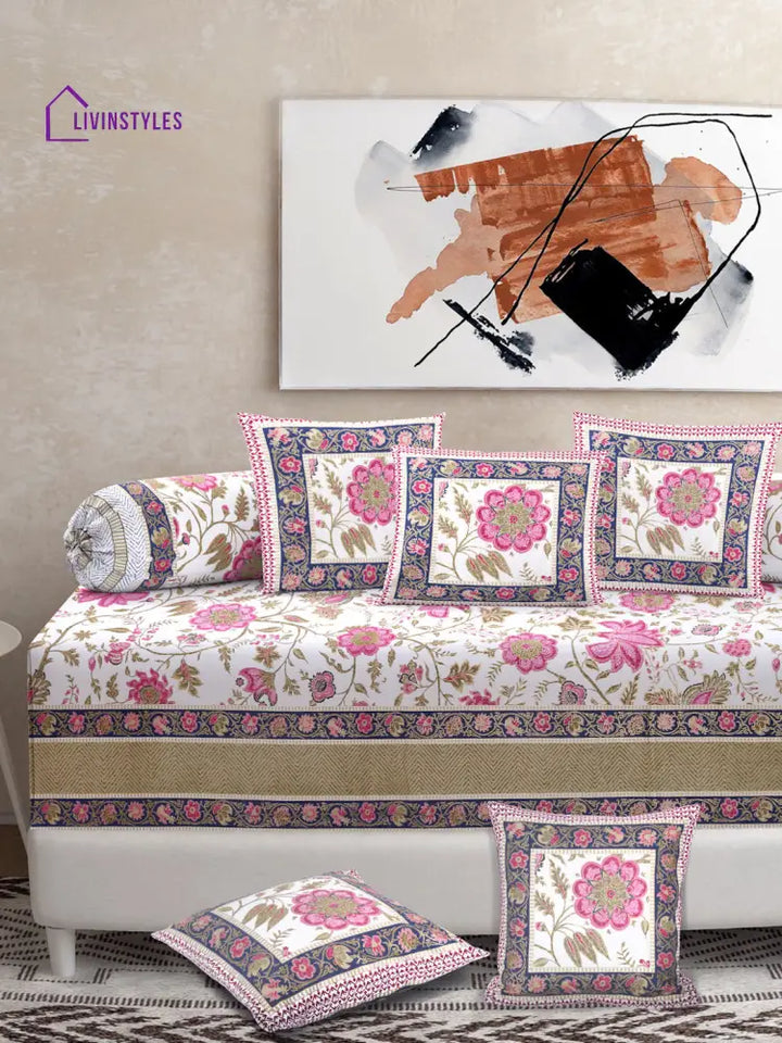 Set Of 8 White And Pink Floral Print Cotton Diwan