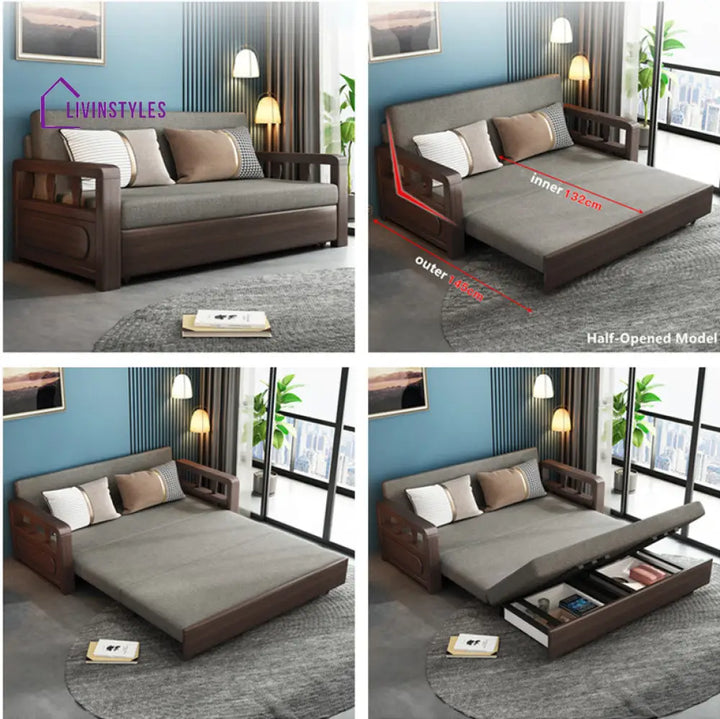 Modern Solid Wood Frame Convertible Sofa Bed With Underneath Storage 132CM/52INCH / WALNUT SOFA BED