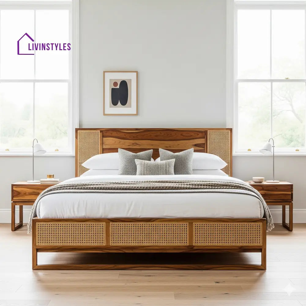 Shalini Sheesham Wood & Cane Bed – Honey Finish