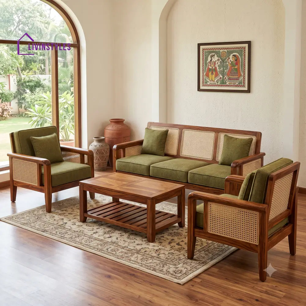 Shalini Wooden Sofa Set | 3 + 1 + 1 Sheesham Wood Sofa Set for Living Room