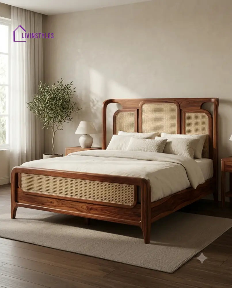 Shankar Wooden Bed with Cane Weaving Headboard Design | Bed without Storage