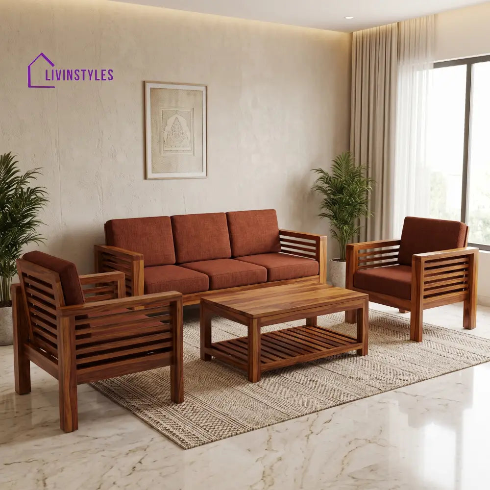 Shanmugavalli Wooden Sofa Set | 3 + 1 + 1 Sheesham Wood Sofa Set for Living Room