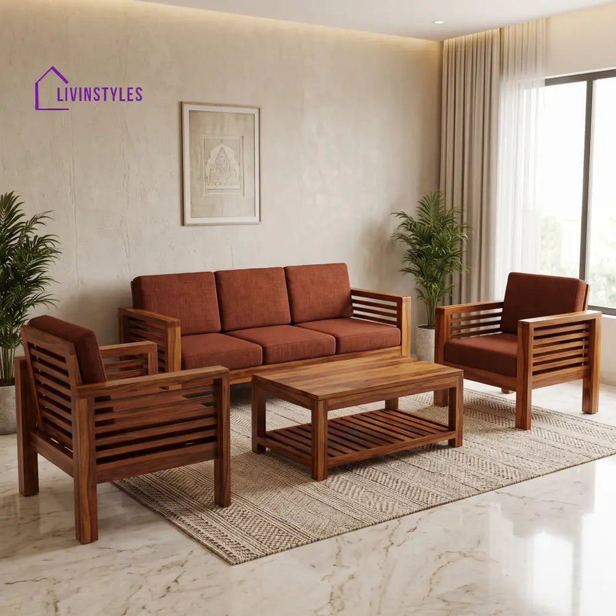 Shanmugavalli Wooden Sofa Set | 3 + 1 + 1 Sheesham Wood Sofa Set for Living Room