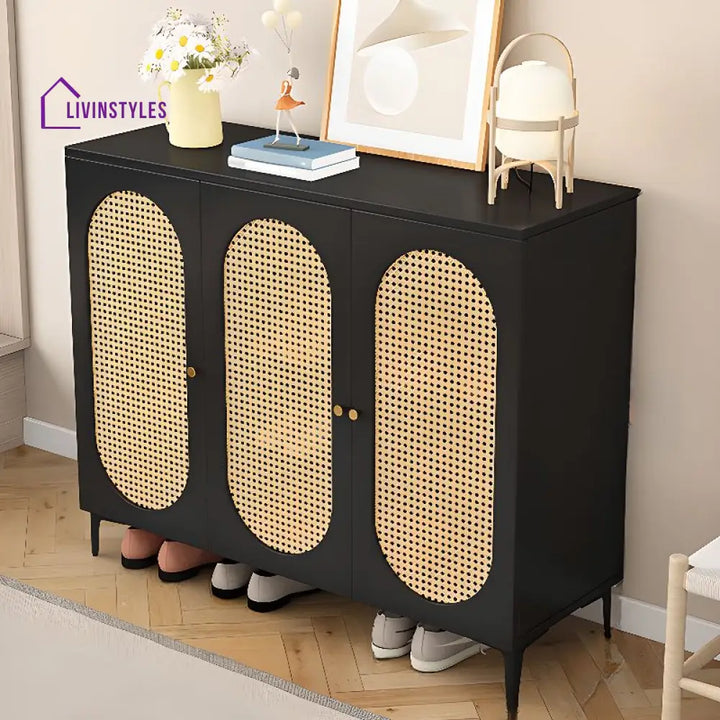 Shaurya Mango Wood And Cane Weaving Shoe Rack for Hallway