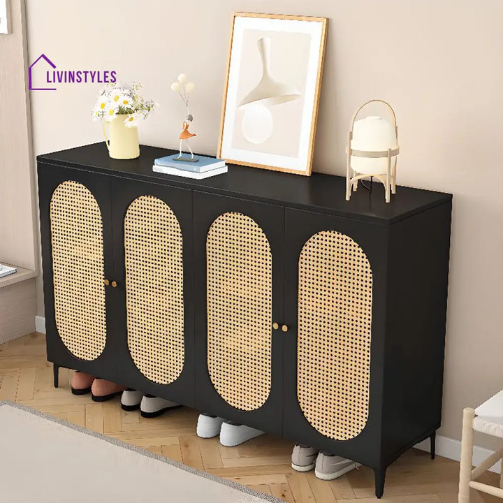Shaurya Mango Wood And Cane Weaving Shoe Rack for Hallway