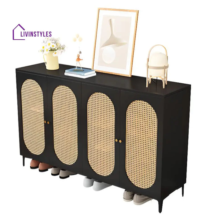 Shaurya Mango Wood And Cane Weaving Shoe Rack for Hallway