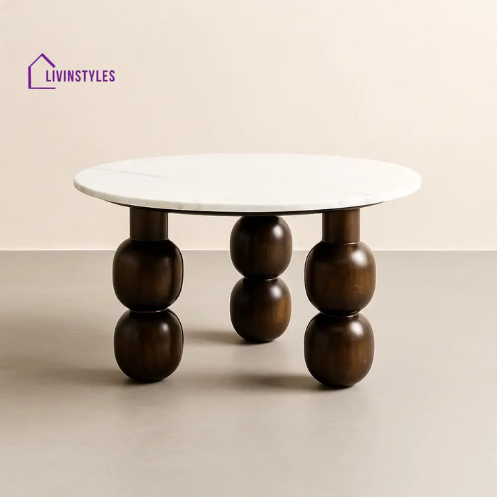 Shaurya Premium Round Center Table with Banswara White Marble Top & Solid Wood Ball Legs – Modern Coffee Table Coffee