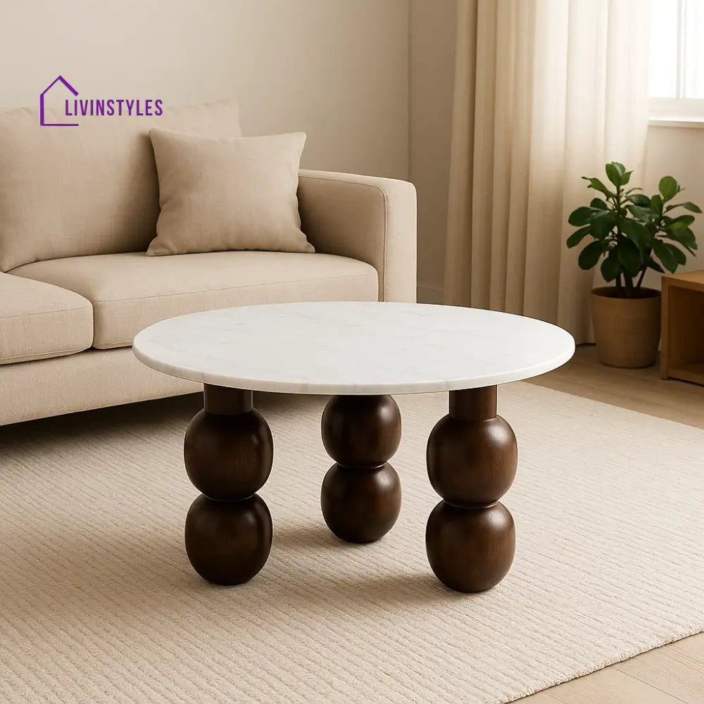 Shaurya Premium Round Center Table with Banswara White Marble Top & Solid Wood Ball Legs – Modern Coffee Table Coffee