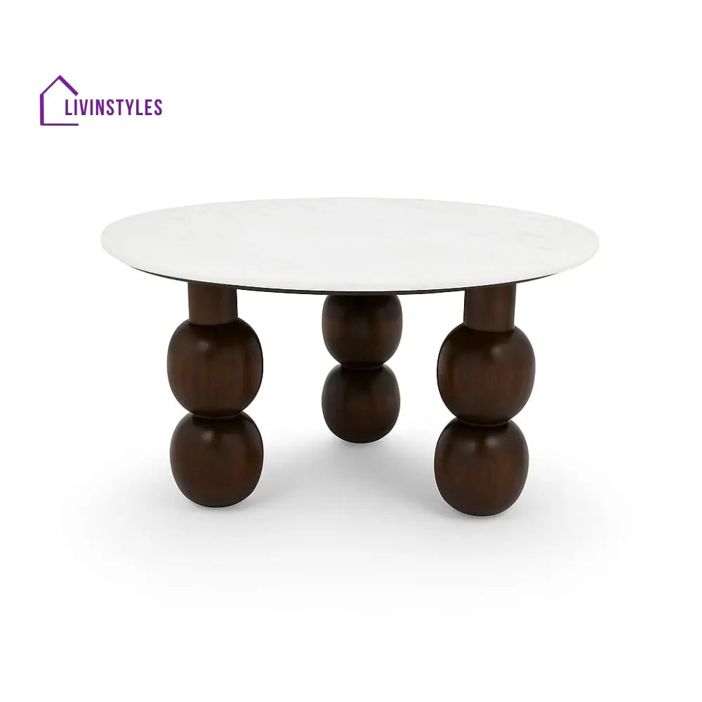 Shaurya Premium Round Center Table with Banswara White Marble Top & Solid Wood Ball Legs – Modern Coffee Table Coffee