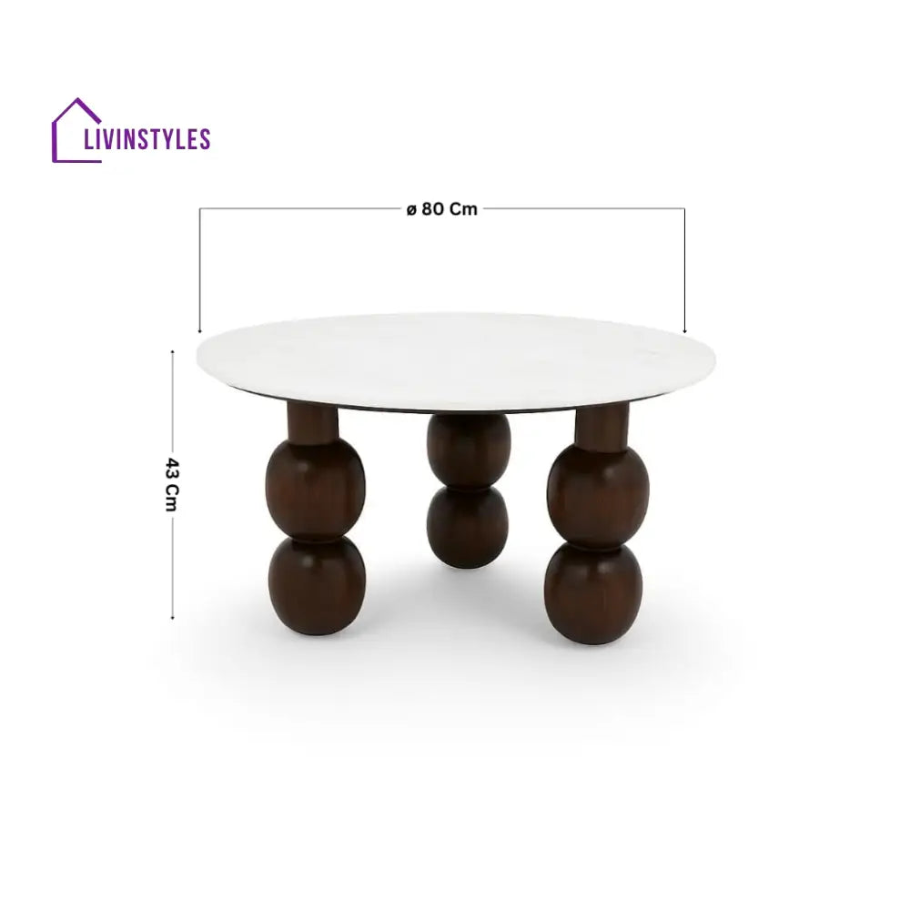 Shaurya Premium Round Center Table with Banswara White Marble Top & Solid Wood Ball Legs – Modern Coffee Table Coffee