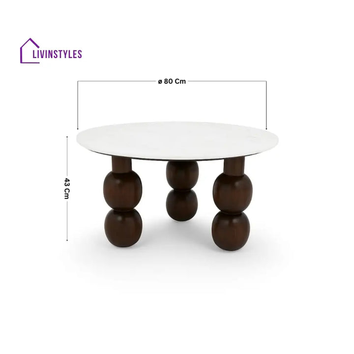 Shaurya Premium Round Center Table with Banswara White Marble Top & Solid Wood Ball Legs – Modern Coffee Table Coffee