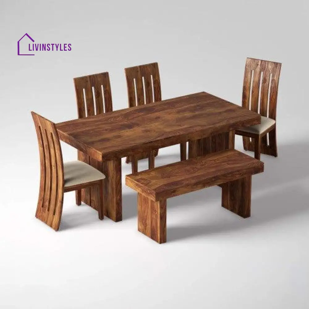 Sheesham Wood Dining Set Six Seater With Bench | Dining Room Furniture In Honey Finish