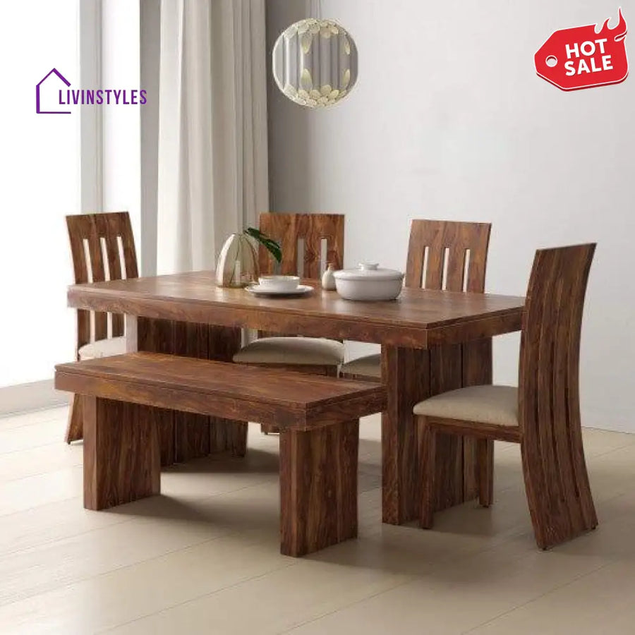 Sheesham Wood Dining Set Six Seater With Bench | Dining Room Furniture In Honey Finish