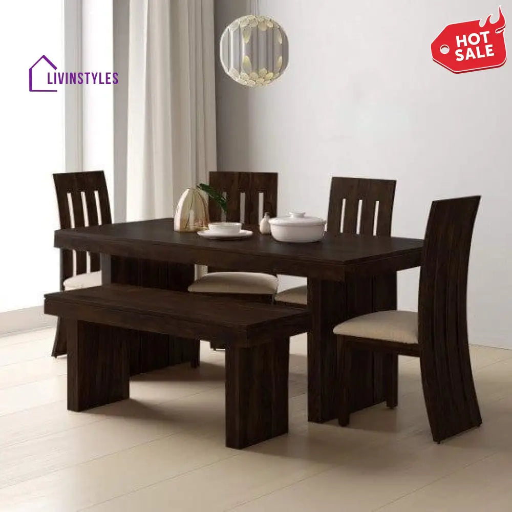 Sheesham Wood Dining Set Six Seater With Bench | Room Furniture In Walnut Finish