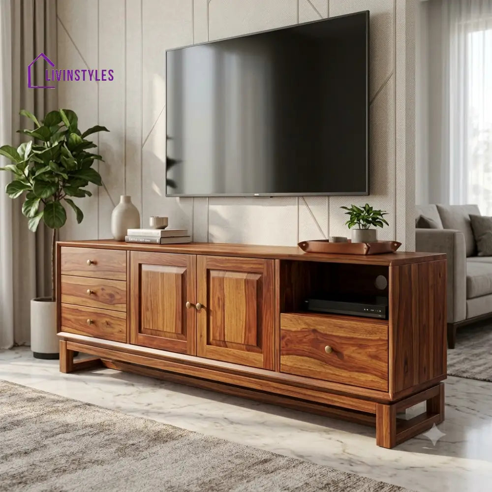 Sheesham Wood TV Console For Living Room With Storage Shelves