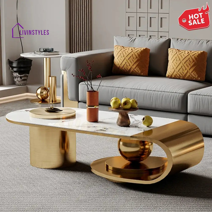 Modern Stainless Steel Coffee Table With Marble Top Tea