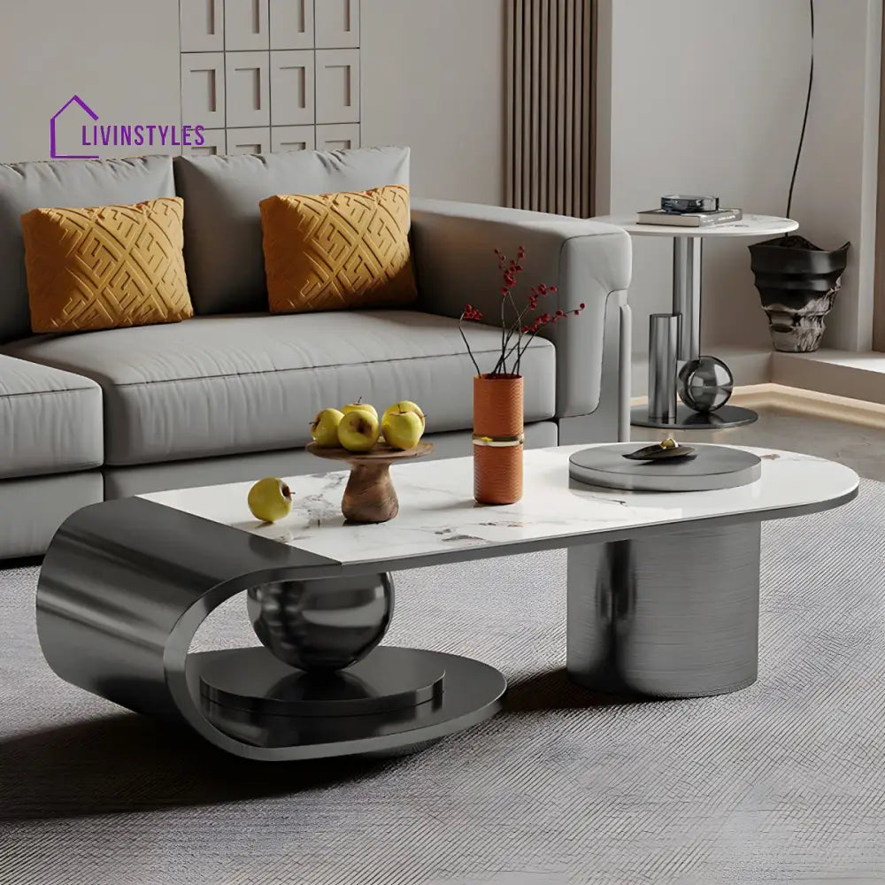 Modern Stainless Steel Coffee Table with Marble Top Tea Table - Black