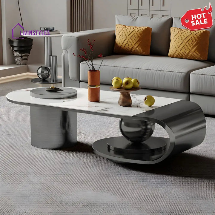 Modern Stainless Steel Coffee Table with Marble Top Tea Table - Black