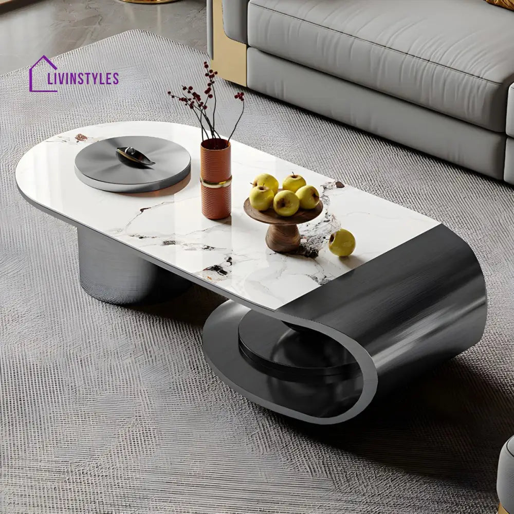 Modern Stainless Steel Coffee Table with Marble Top Tea Table - Black