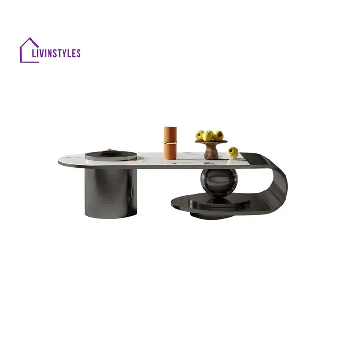 Modern Stainless Steel Coffee Table with Marble Top Tea Table - Black