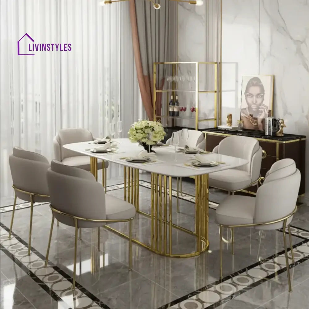 Shilpi Stainless Steel Dinning Table With 6 Chairs | Itallian Composite Marble Dining