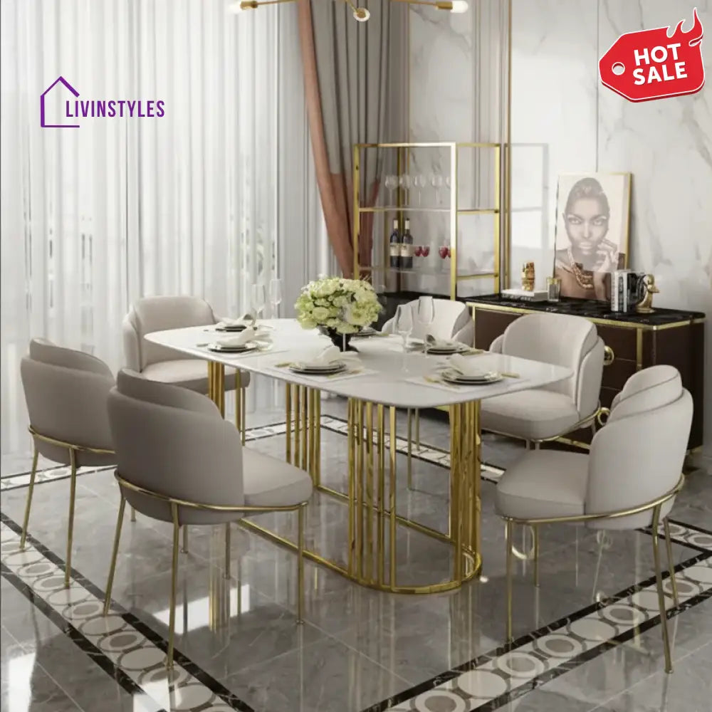 Shilpi Stainless Steel Dinning Table With 6 Chairs | Itallian Composite Marble Dining