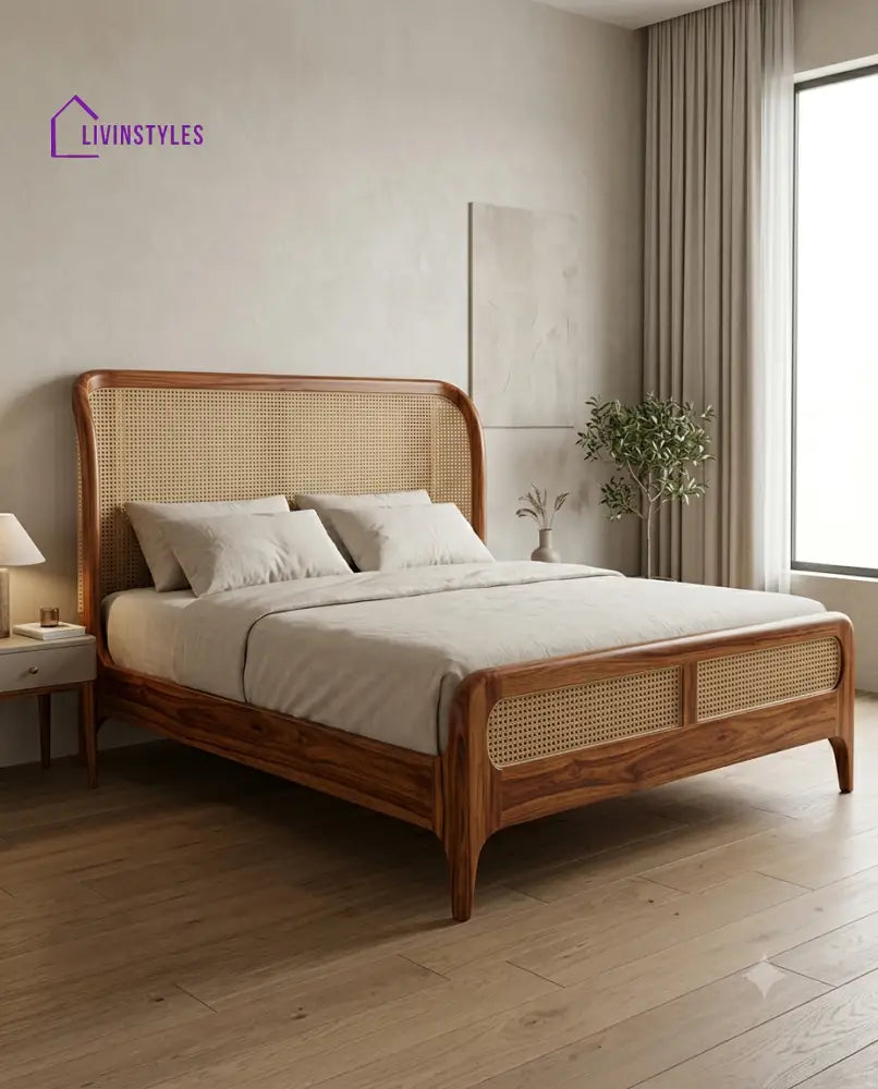 Shiva Wooden Bed with Cane Weaving Headboard Design | Bed without Storage