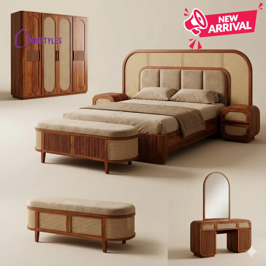 Shivam Solid Sheesham Wood Bedroom Set with Bed Bedside Tables Bench Wardrobe & Dresser