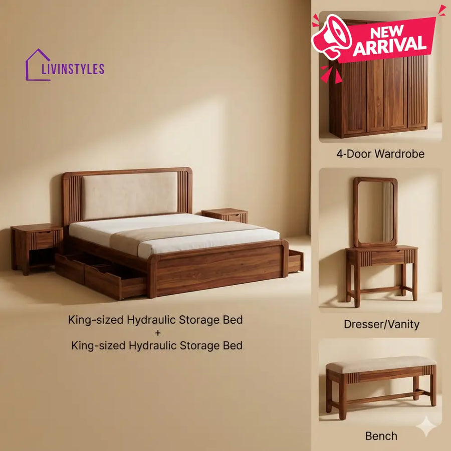 Shivam Solid Sheesham Wood Bedroom Set with Bed Bedside Tables Bench Wardrobe & Dresser
