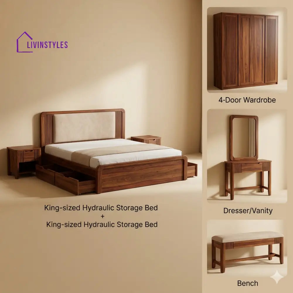 Shivam Solid Sheesham Wood Bedroom Set with Bed Bedside Tables Bench Wardrobe & Dresser