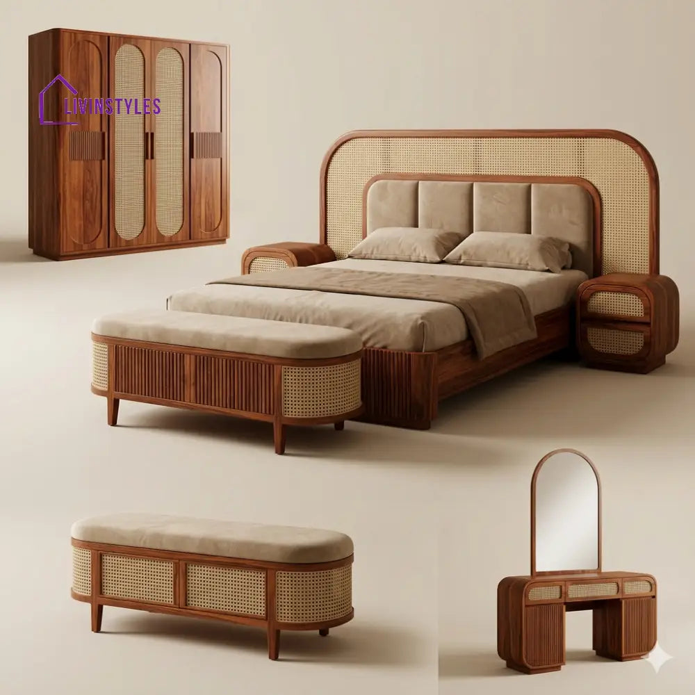 Shivam Solid Sheesham Wood Bedroom Set with Bed Bedside Tables Bench Wardrobe & Dresser