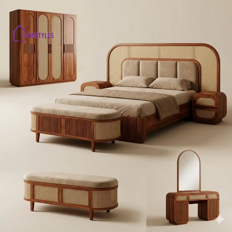 Shivam Solid Sheesham Wood Bedroom Set with Bed Bedside Tables Bench Wardrobe & Dresser