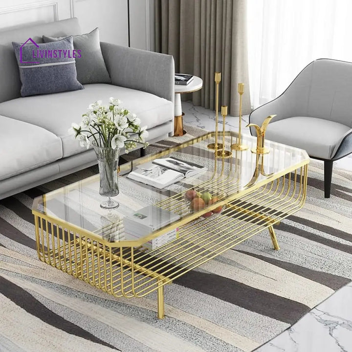 Shradha Rectangular Gold Centre Table For Living Room With Glass Top
