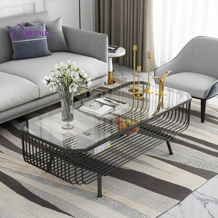 Shradha Rectangular Gold Centre Table For Living Room With Glass Top