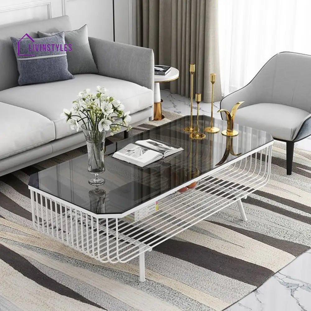Shradha Rectangular Gold Centre Table For Living Room With Glass Top