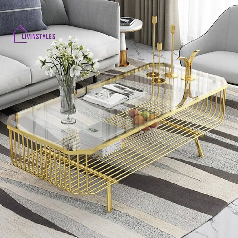 Shradha Rectangular Gold Centre Table For Living Room With Glass Top