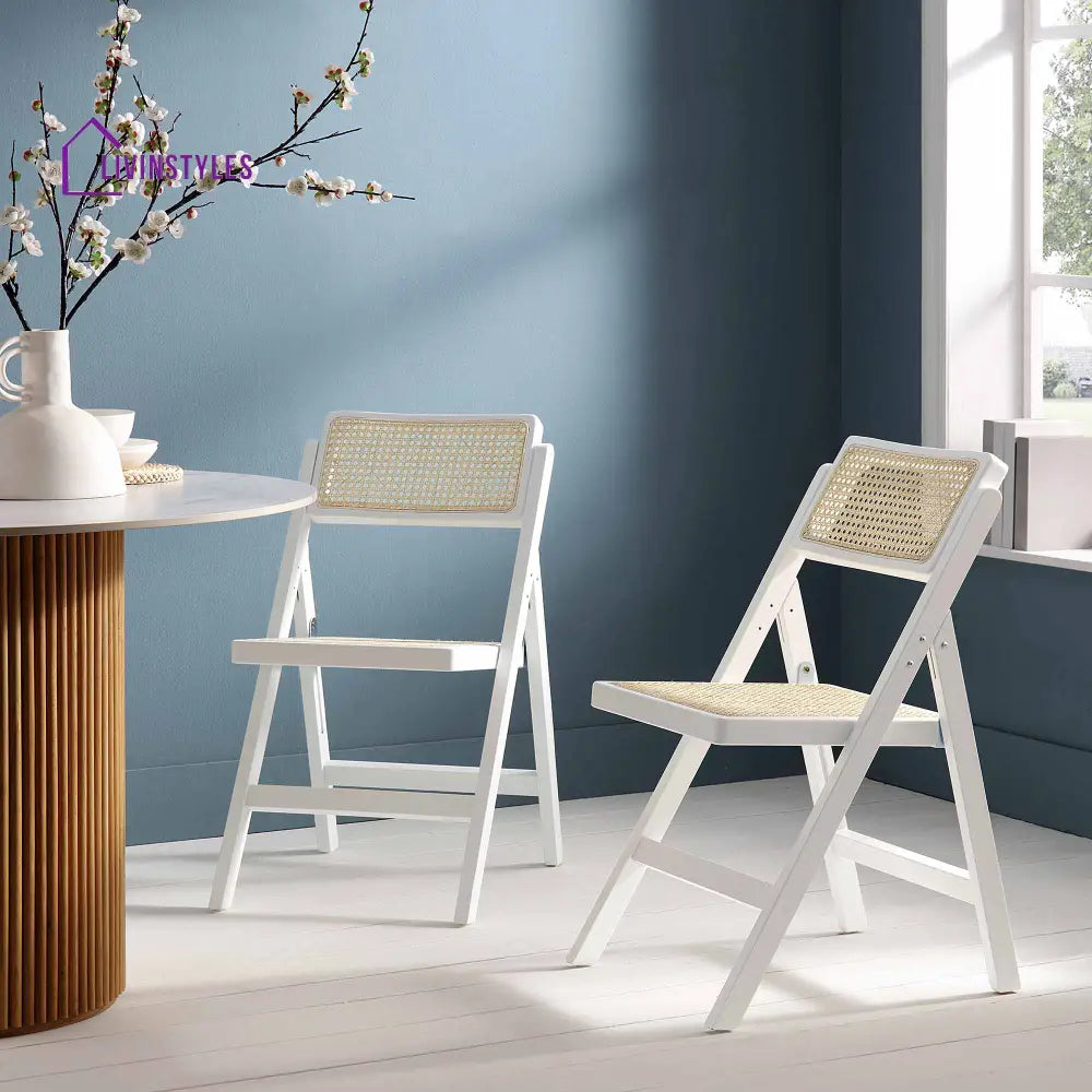 Frances Set of 2 Folding Cane Rattan Chairs White Dining Chairs