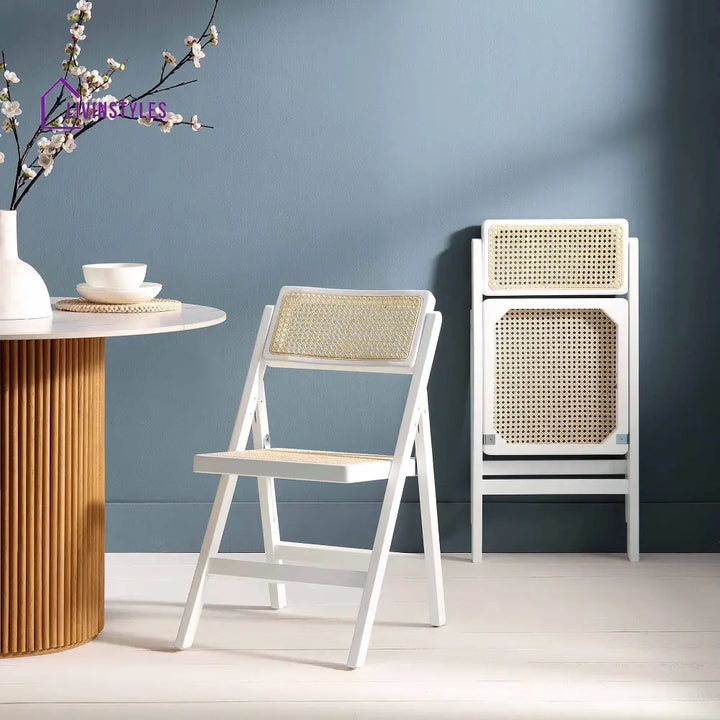 Frances Set of 2 Folding Cane Rattan Chairs White Dining Chairs
