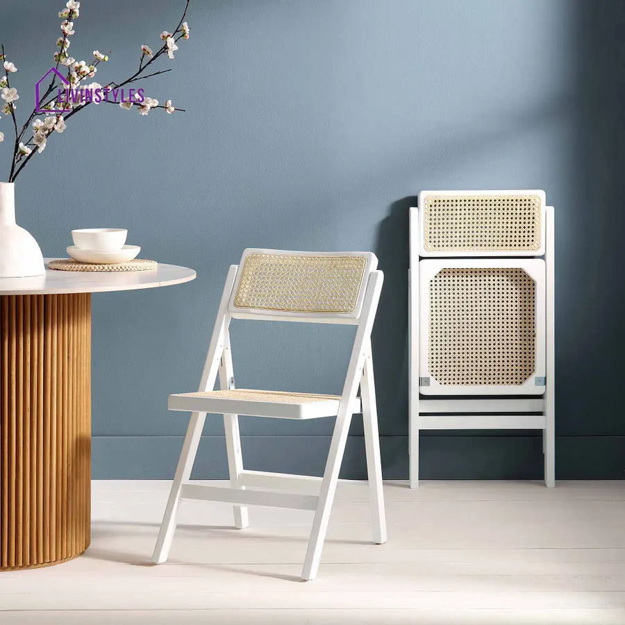 Frances Set of 2 Folding Cane Rattan Chairs White Dining Chairs