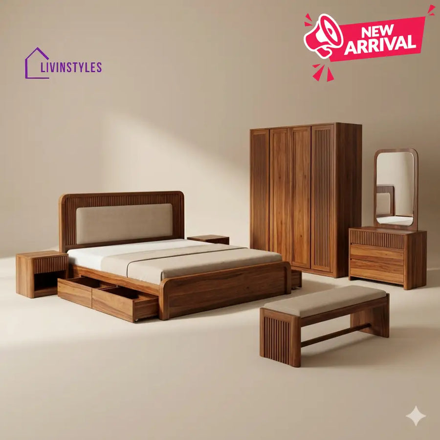Shreya Solid Sheesham Wood Bedroom Set with Bed Bedside Tables Bench Wardrobe & Dresser