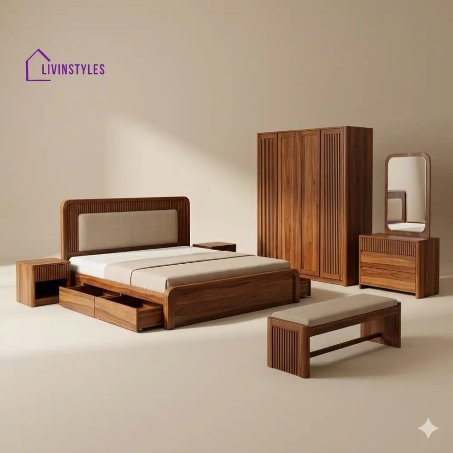 Shreya Solid Sheesham Wood Bedroom Set with Bed Bedside Tables Bench Wardrobe & Dresser