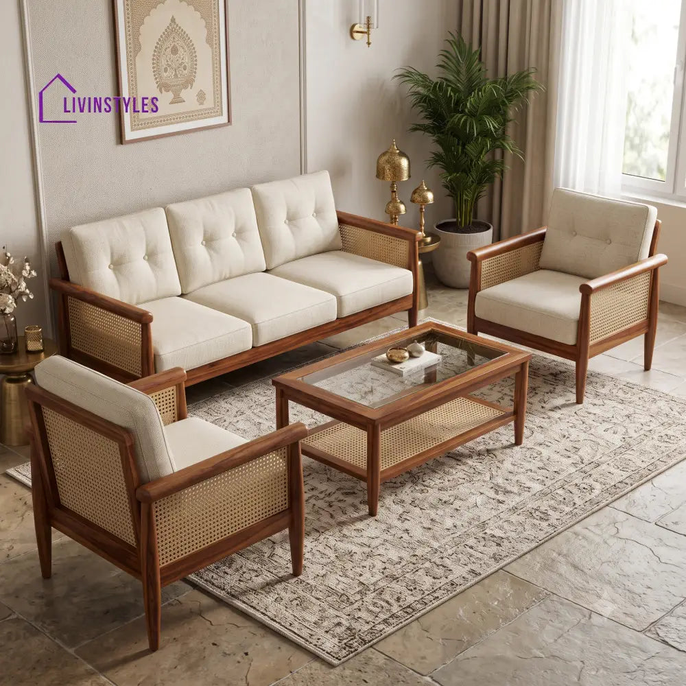 Shreya Wooden Sofa Set | 3 + 1 + 1 Sheesham Wood Sofa Set for Living Room